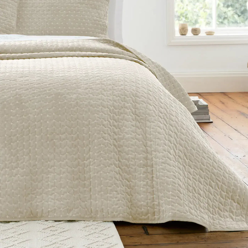 Bianca Attica  Velvet Embroidered Bedspread Natural