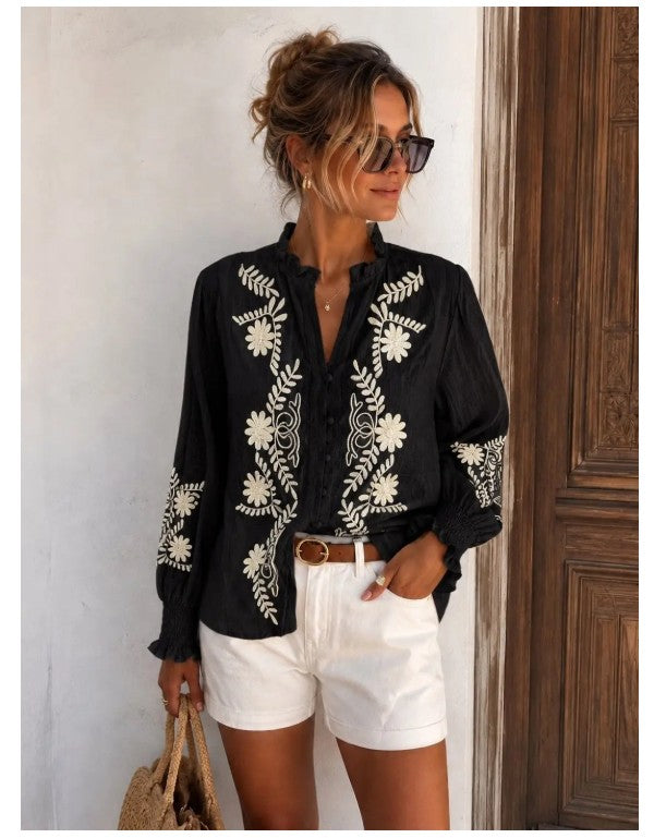 Emma & Ashley Floral Embroidered Boho Shirt | Black CH-163-MA1