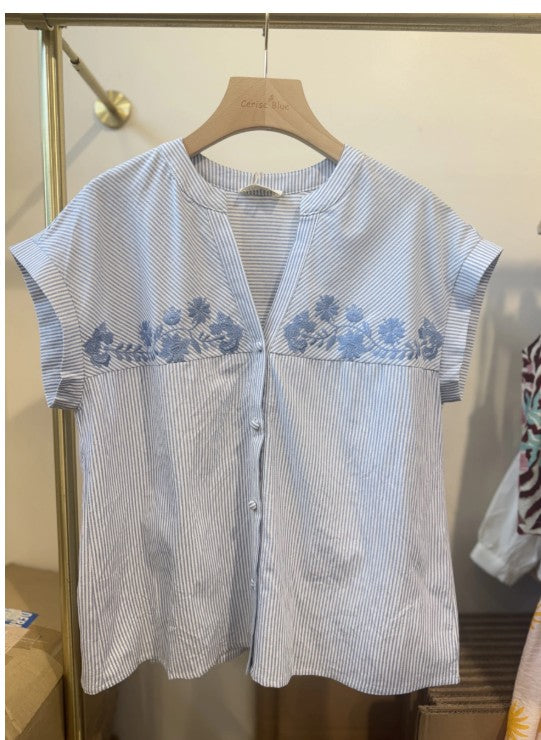 Cerise Blue Rose Flower Embroidered Striped Blouse | Blue  T2342
