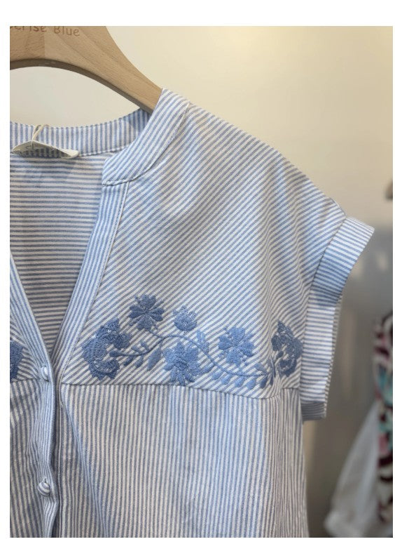 Cerise Blue Rose Flower Embroidered Striped Blouse | Blue  T2342