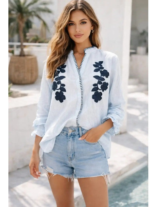 Emma & Ashley Floral Embroidered Flowing Shirt | Blue CH-164-MA1