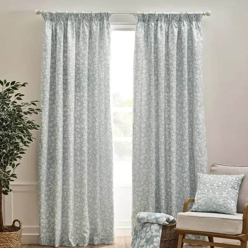 Catherine Lansfield Brooke Floral Pencil Pleat Curtains | Duck Egg