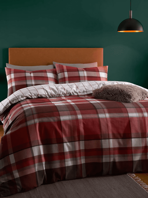 Catherine Lansfield  Check Reversible Brushed Duvet Cover Set in Red