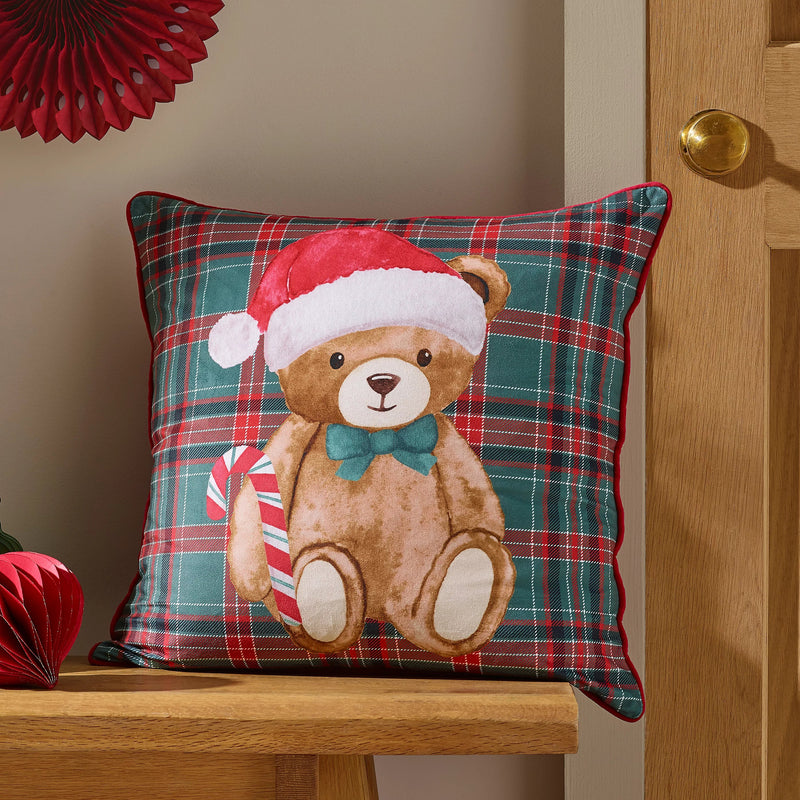 Catherine Lansfield Filled Tartan Teddy Bear Cushion| Green 385736