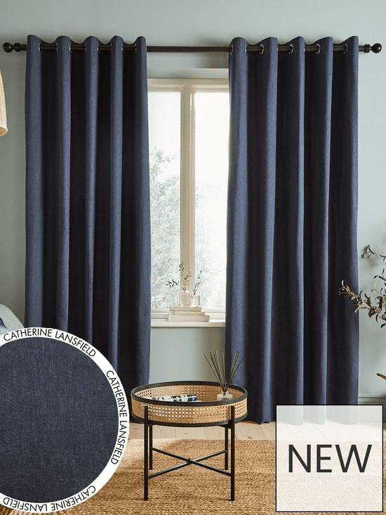Catherine Lansfield Cotton Chambray Eyelet Curtains Blue