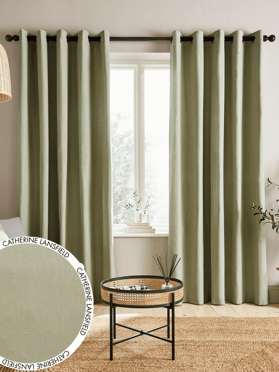 Catherine Lansfield Cotton Chambray Eyelet Curtains Sage