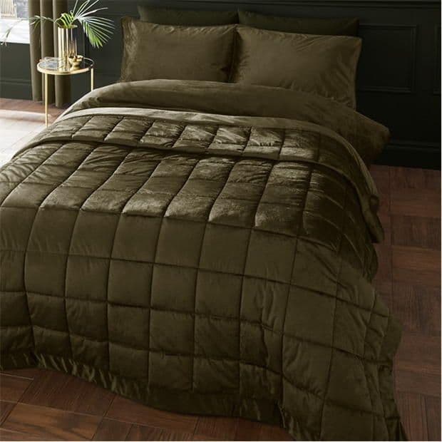 Catherine Lansfield  Kingsley Matt Velvet Bedspread |Olive