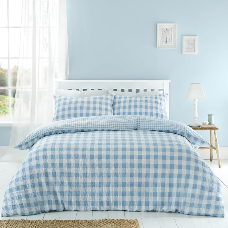 Catherine Lansfield Seersucker Gingham Check Quilt Set  | Blue