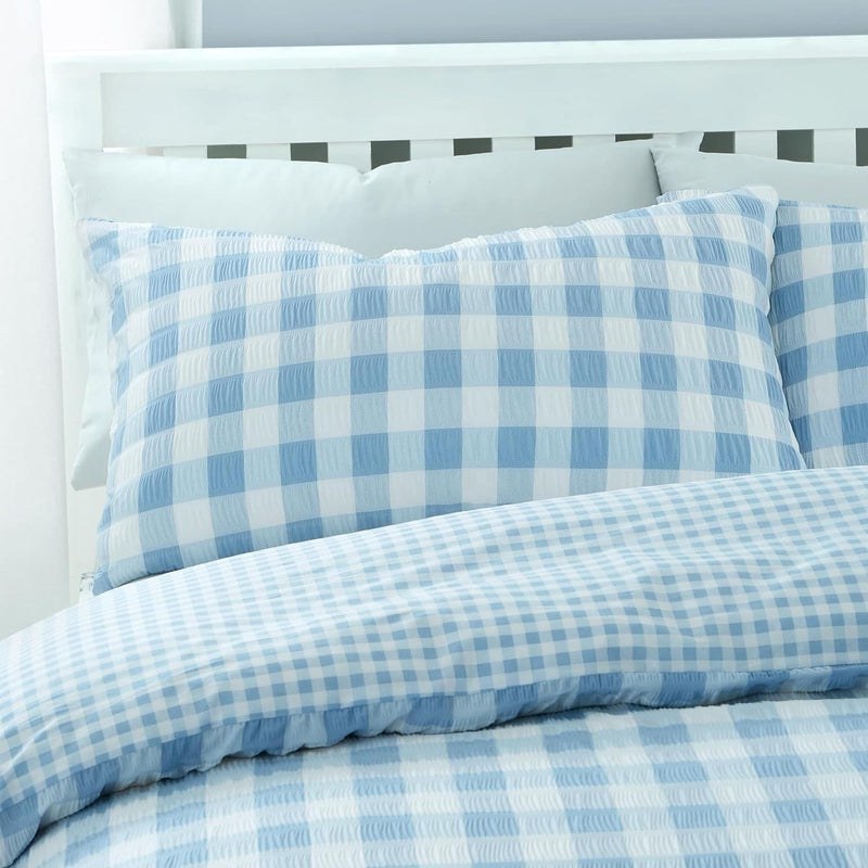 Catherine Lansfield Seersucker Gingham Check Quilt Set  | Blue