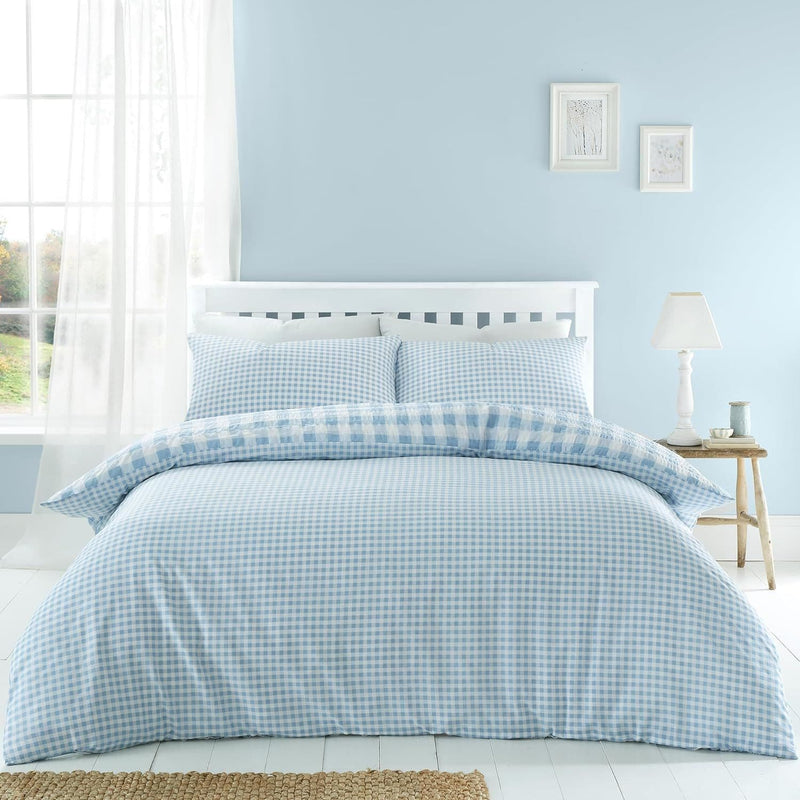 Catherine Lansfield Seersucker Gingham Check Quilt Set  | Blue