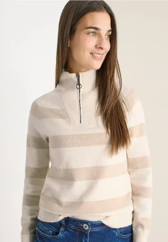 CECIL  Cosy Stripe Troyer Pullover | Beige 303753