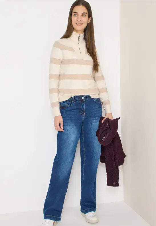 CECIL  Cosy Stripe Troyer Pullover | Beige 303753