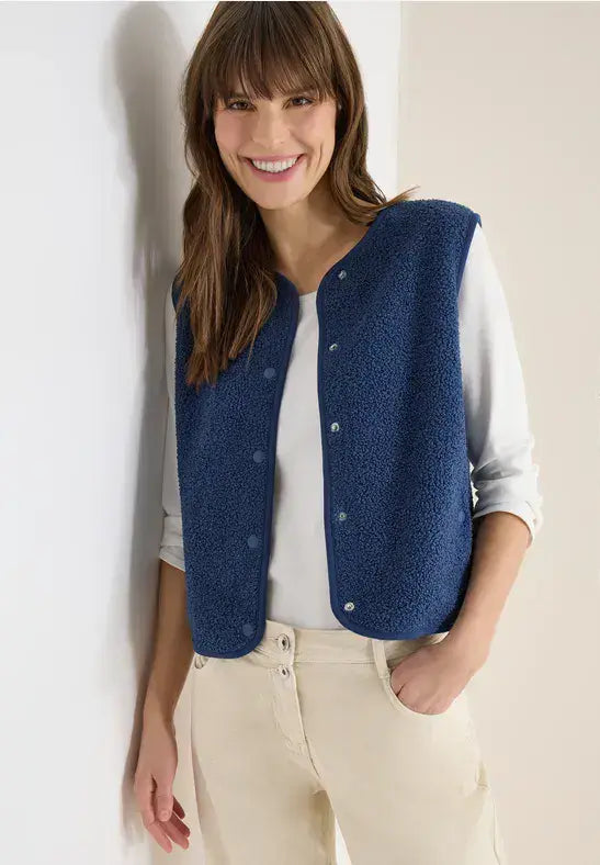 CECIL Curly Fake Wool Vest | Denim Blue 220309
