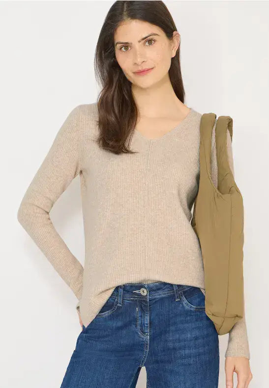 CECIL Ribbed V-Neck Pullover | Beige 303705