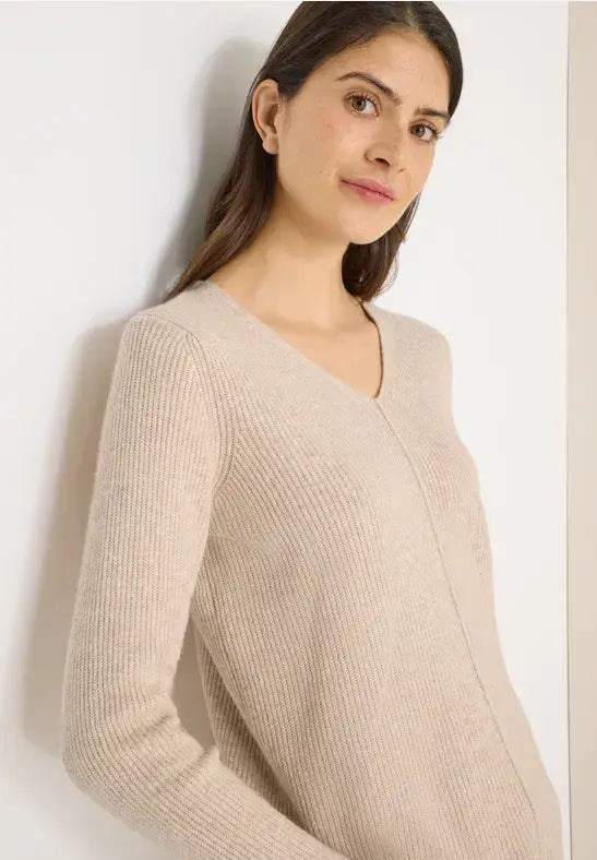 CECIL Ribbed V-Neck Pullover | Beige 303705