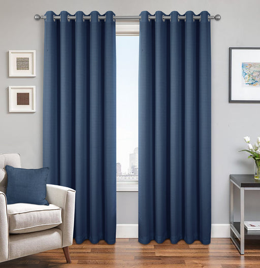 Frank Relf Eyelet Curtains - denim blue pair hanging in living room