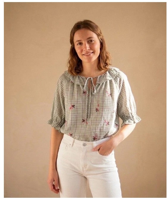 Cerise Blue Peter Pan Collar Print & Embroidered Blouse | Green V95