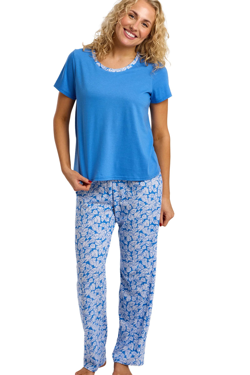 Indigo Sky Palm Print Full Length Pyjama Set | Blue IN47515