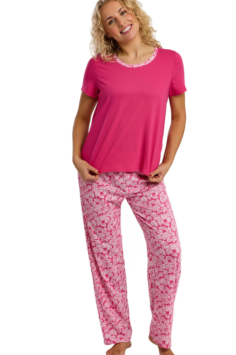 Indigo Sky Palm Print Full Length Pyjama Set | Pink IN47515