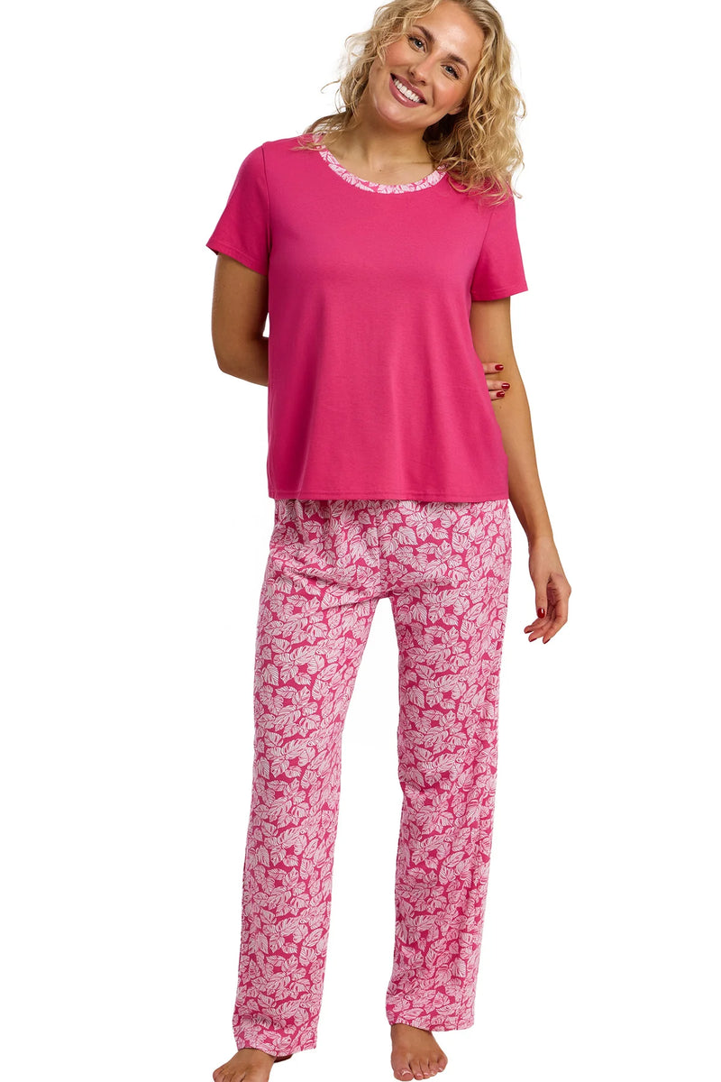 Indigo Sky Palm Print Full Length Pyjama Set | Pink IN47515