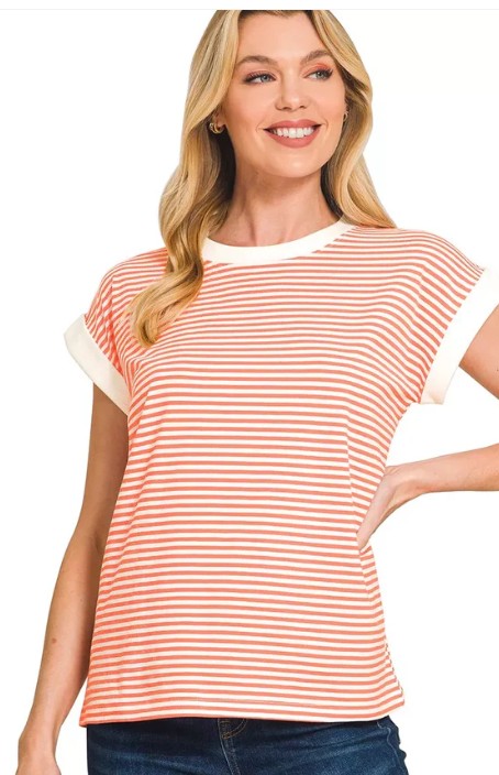 CECIL Striped Turn UP Shirt | Coral 325430