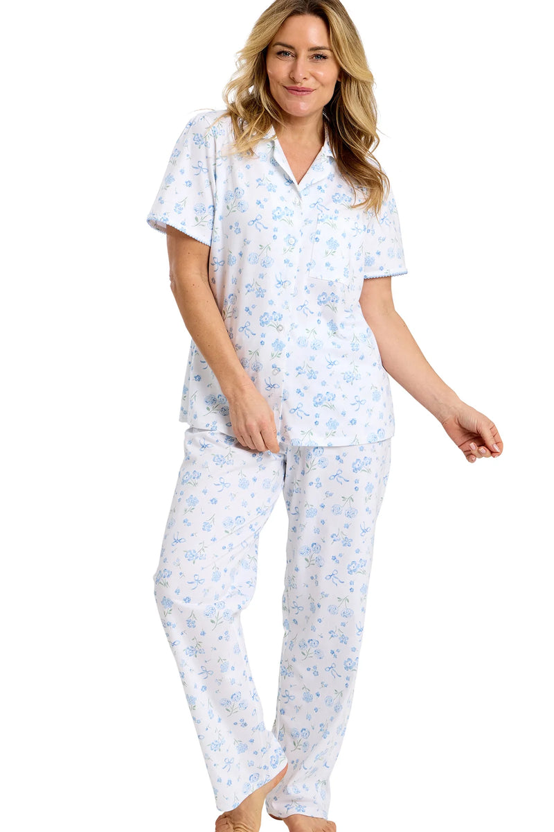 Marlon Spring Garden Pure Cotton Revere Collar Pyjama Set | Blue MA47572