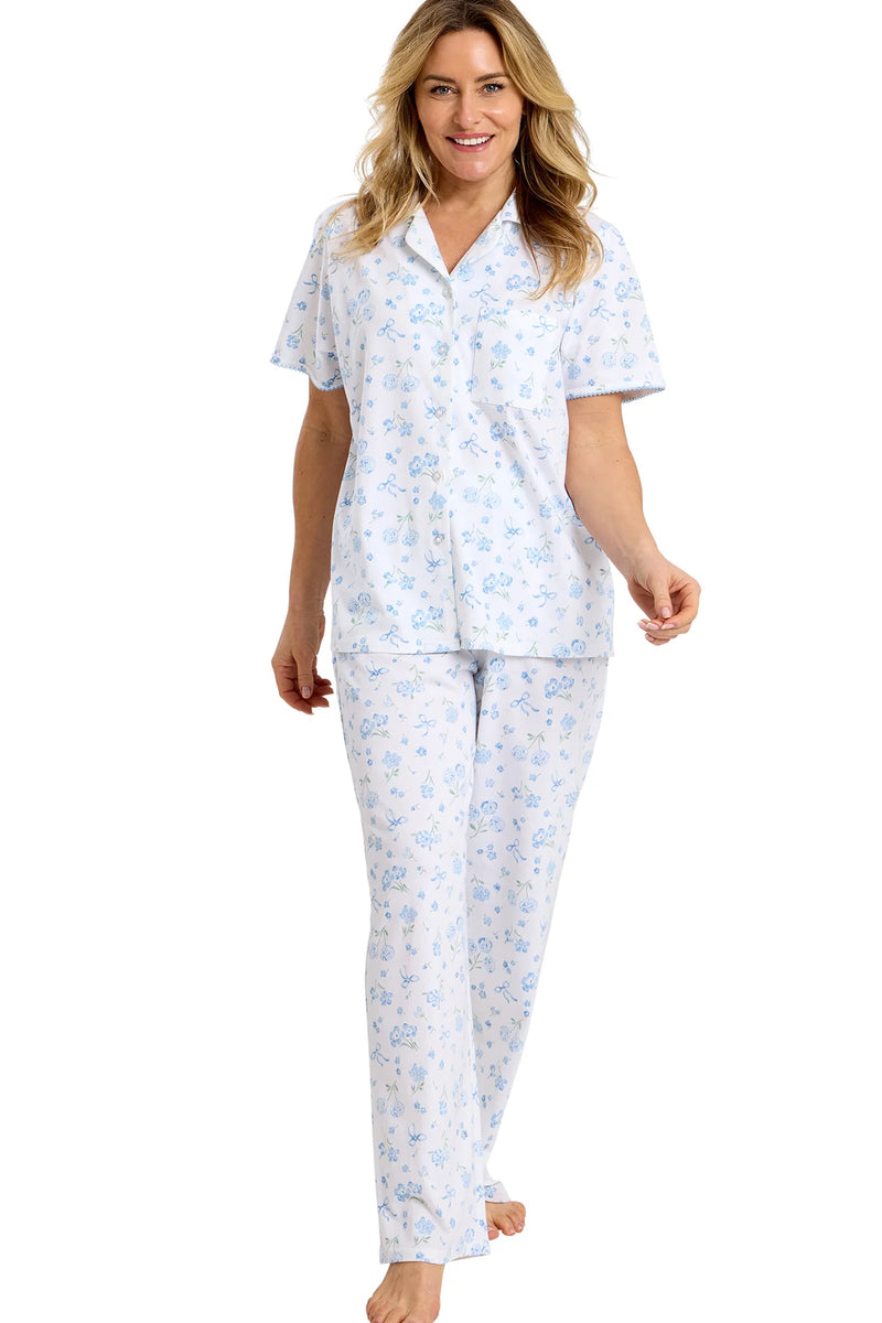 Marlon Spring Garden Pure Cotton Revere Collar Pyjama Set | Blue MA47572