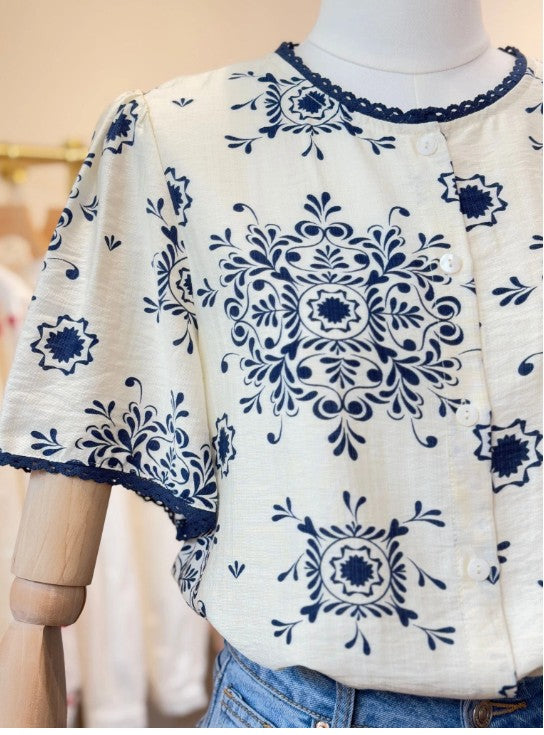 Cerise Blue Leisha Print Blouse | Navy /cloud T2401