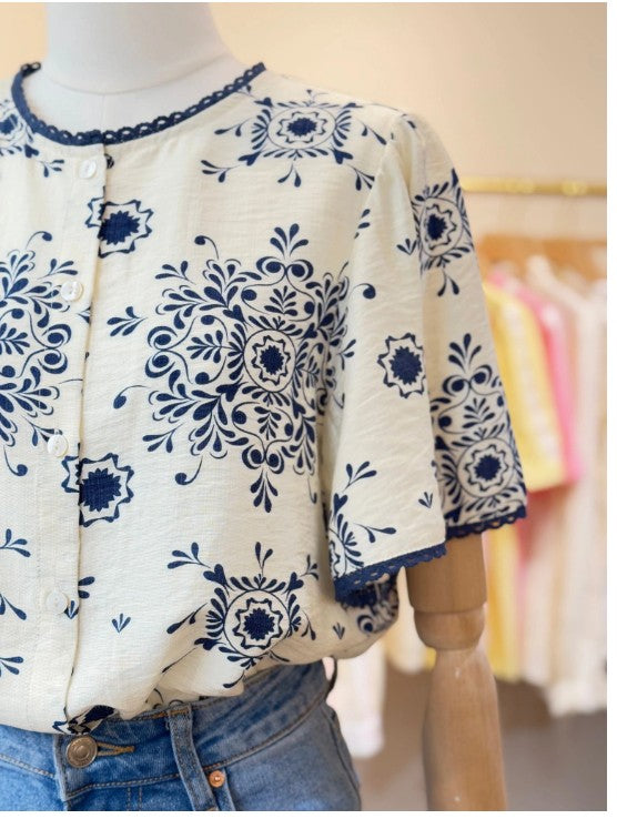 Cerise Blue Leisha Print Blouse | Navy /cloud T2401