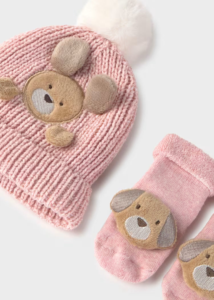 Mayoral Teddy Bear Hat & Socks Set | Rose 9124