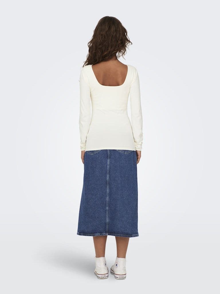 ONLY  Lea Long Sleeve 2-Way Deep Neck Top | Cloud Dancer