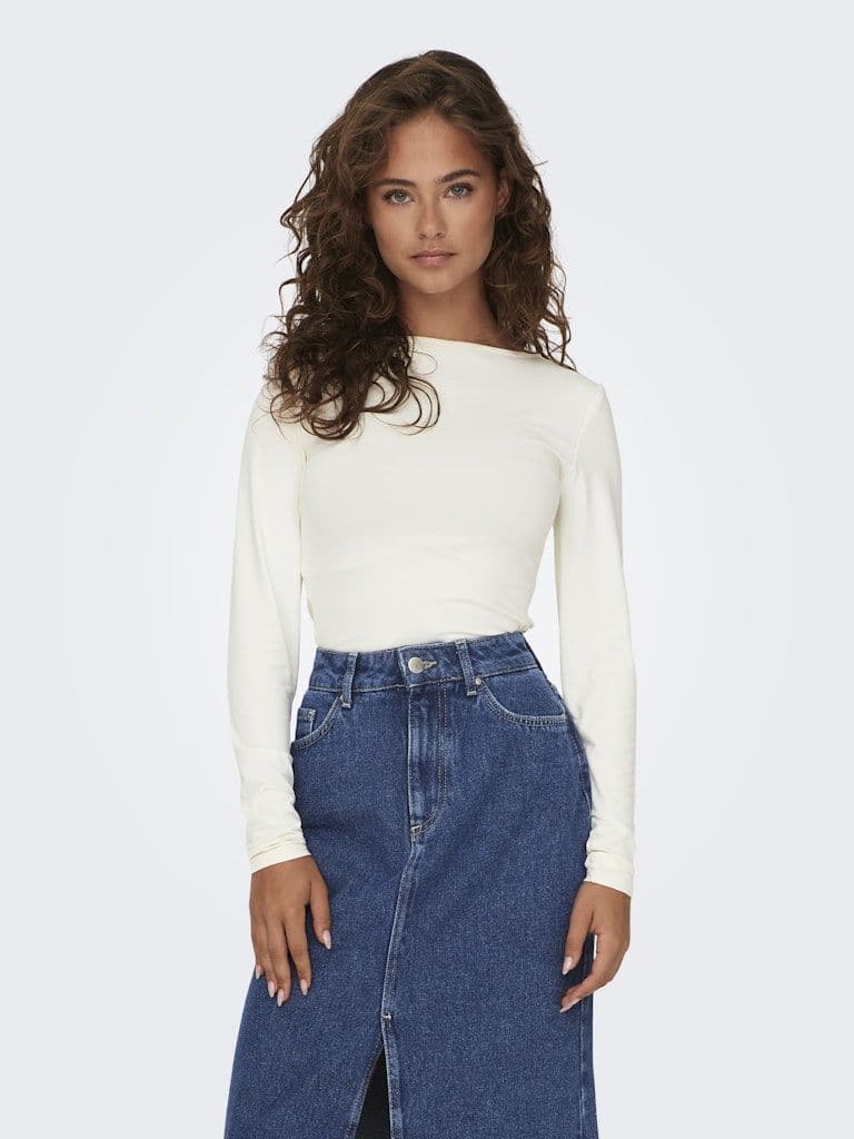 ONLY  Lea Long Sleeve 2-Way Deep Neck Top | Cloud Dancer