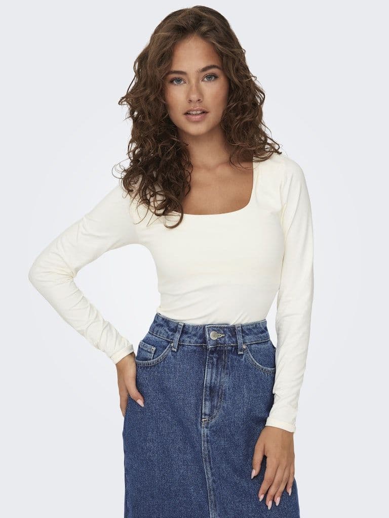 ONLY  Lea Long Sleeve 2-Way Deep Neck Top | Cloud Dancer