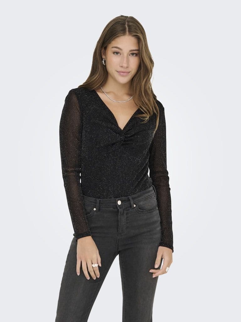 ONLY Mella L/S Knot Glitter Top | Black
