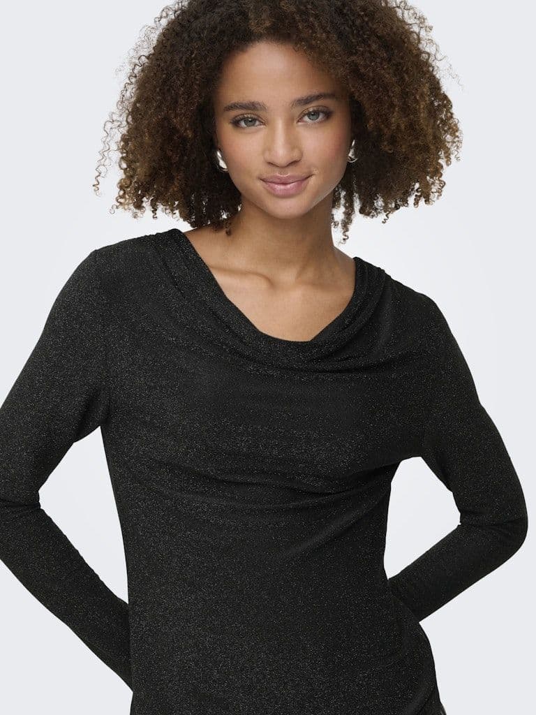 ONLY Rich L/S Glitter Waterfall Top | Black