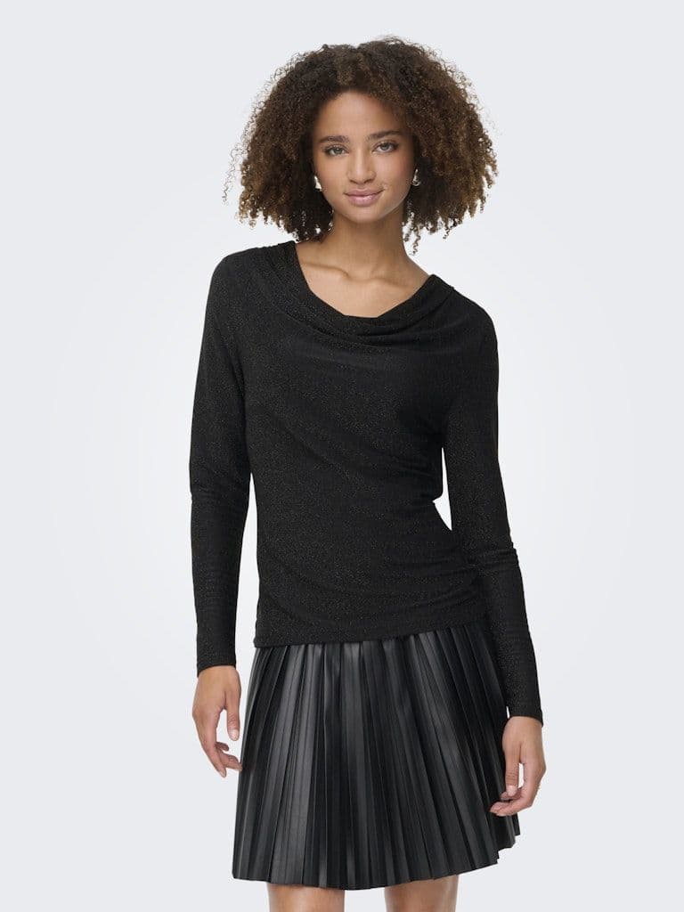 ONLY Rich L/S Glitter Waterfall Top | Black
