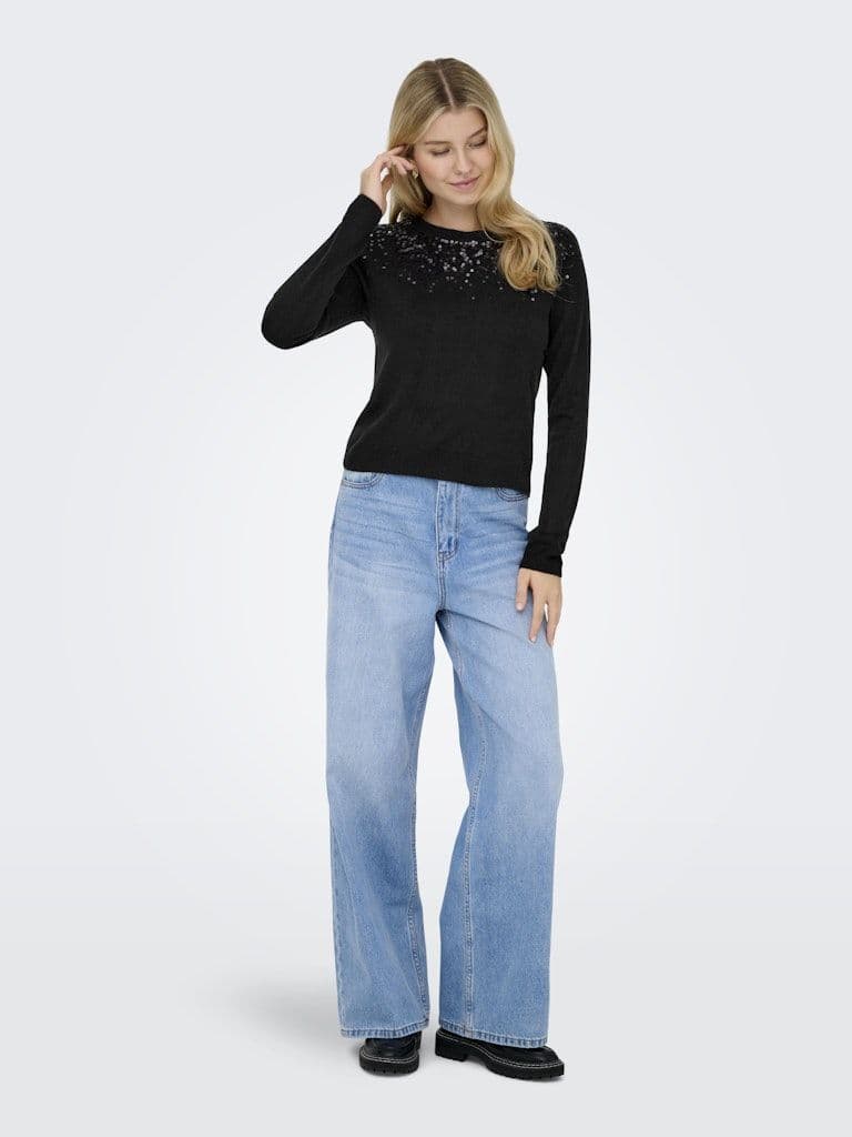 ONLY Starry LS Sequin O-Neck  Top | Black