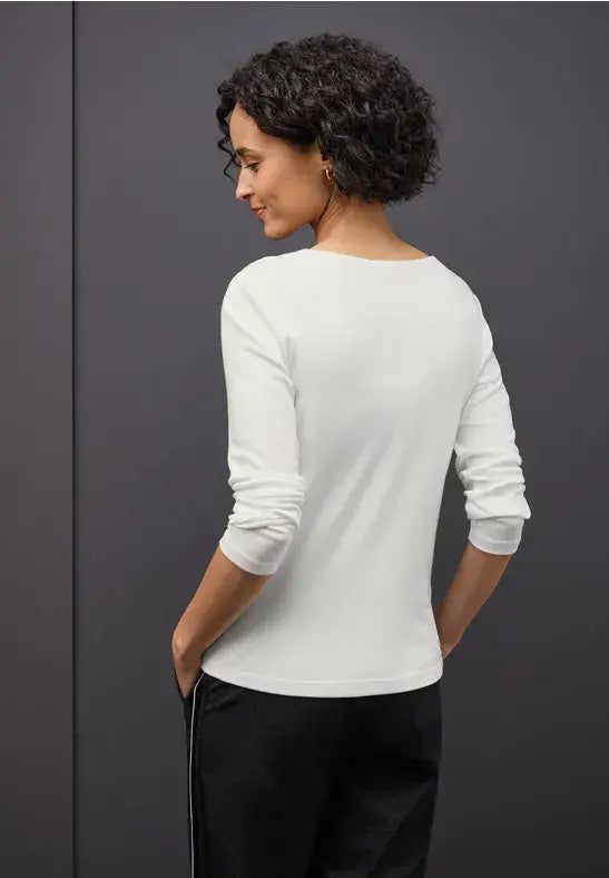 Street One L/S Shirt With Heart Neck Top | Offwhite 324251
