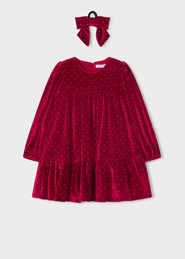 Mayoral Girls Velvet Rhinestone Tiered Dress | Red 4930