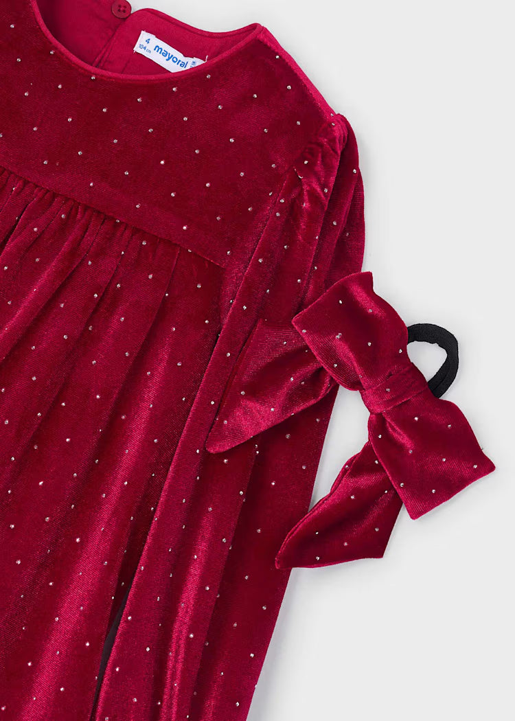 Mayoral Girls Velvet Rhinestone Tiered Dress | Red 4930