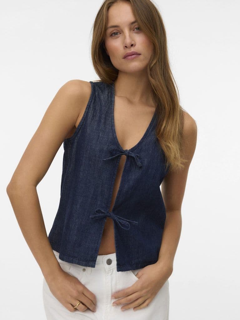 Vero Moda  Halana SS Bow Denim Vest  | Dark Blue