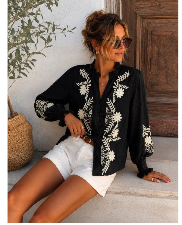 Emma & Ashley Floral Embroidered Boho Shirt | Black CH-163-MA1
